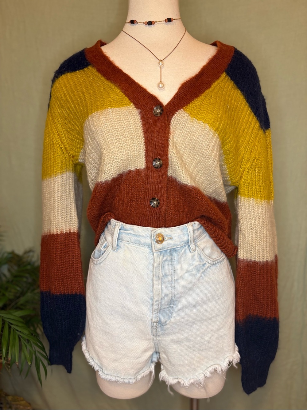 Colorblock V-Neck Button Cardigan Sweater - Cream, Mustard, Rust, Navy
